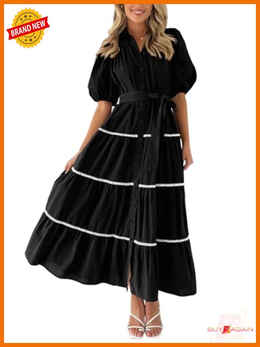 Women's Tiered Maxi Shirt Dress V-Neck Short Sleeve Button Down Pockets